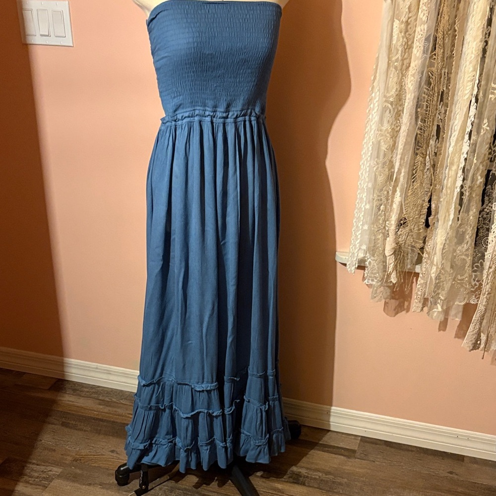 Smocked Strapless Maxi Dress in Dusty Blue